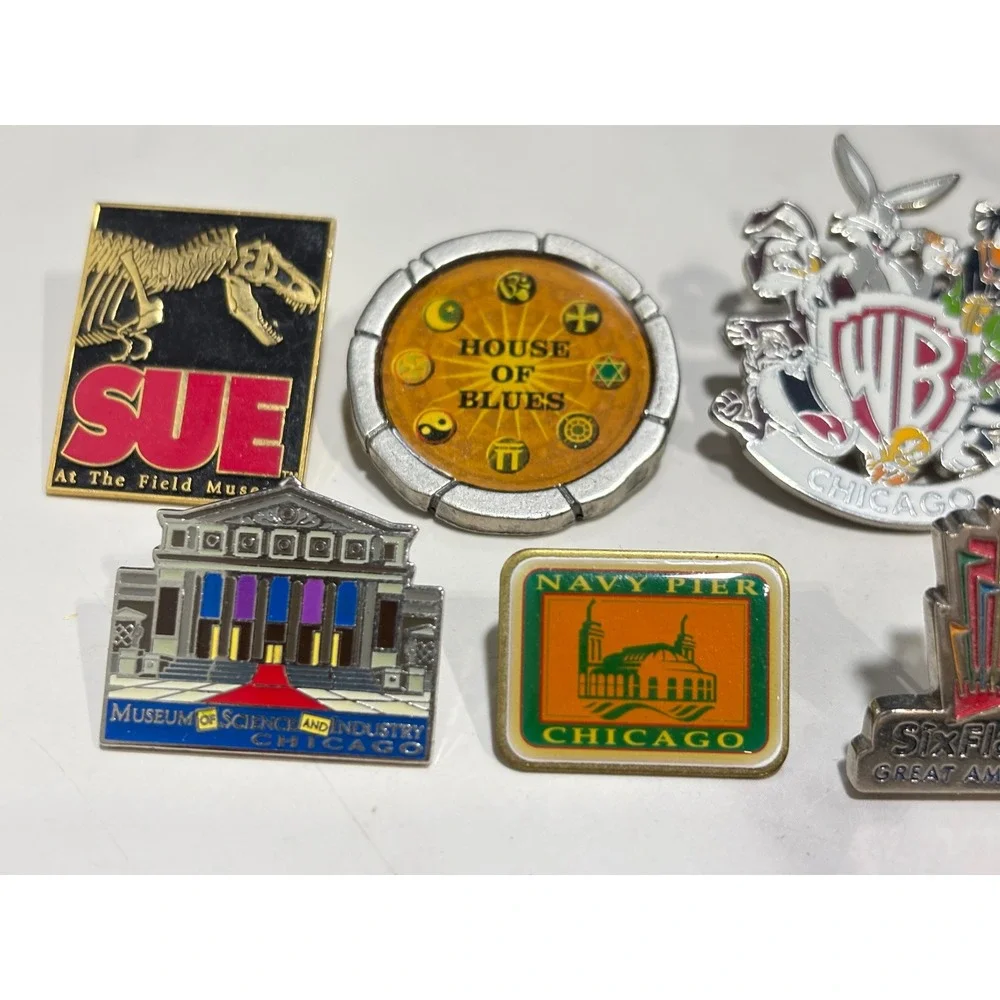 Vintage Chicago Souvenir Pin Lot Field Museum Sue House of Blues Six Flags WB